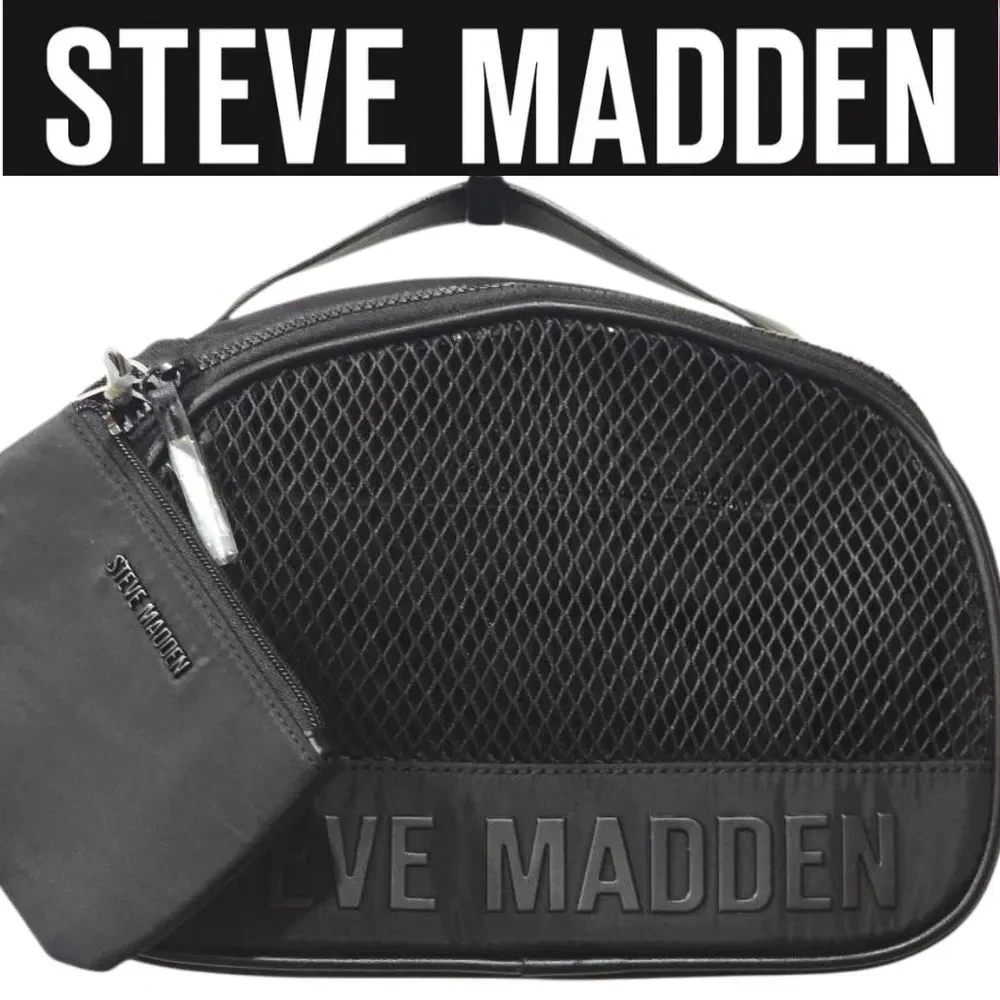 Steve Madden Logo Zip Around Mesh Soft Traincase-‎ Black